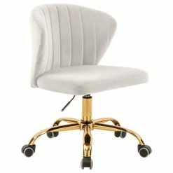 New 🧨 Meridian Furniture Finley Swivel And Adjustable Velvet Office Chair, Cream, Rich Gold Base 🔔