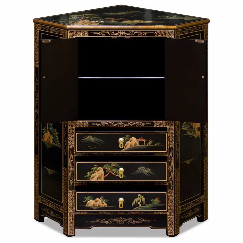 Deals ✨ China Furniture And Arts Black Lacquer Chinoiserie Landscape Oriental Corner Cabinet 🤩 2 Deals ✨ China Furniture And Arts Black Lacquer Chinoiserie Landscape Oriental Corner Cabinet 🤩 - Image 2