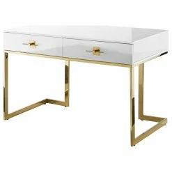 Discount 🛒 Nicole Miller Moku Desk, 2 Drawers, White And Gold 🤩