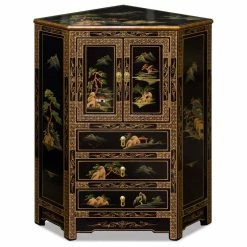 Deals ✨ China Furniture And Arts Black Lacquer Chinoiserie Landscape Oriental Corner Cabinet 🤩