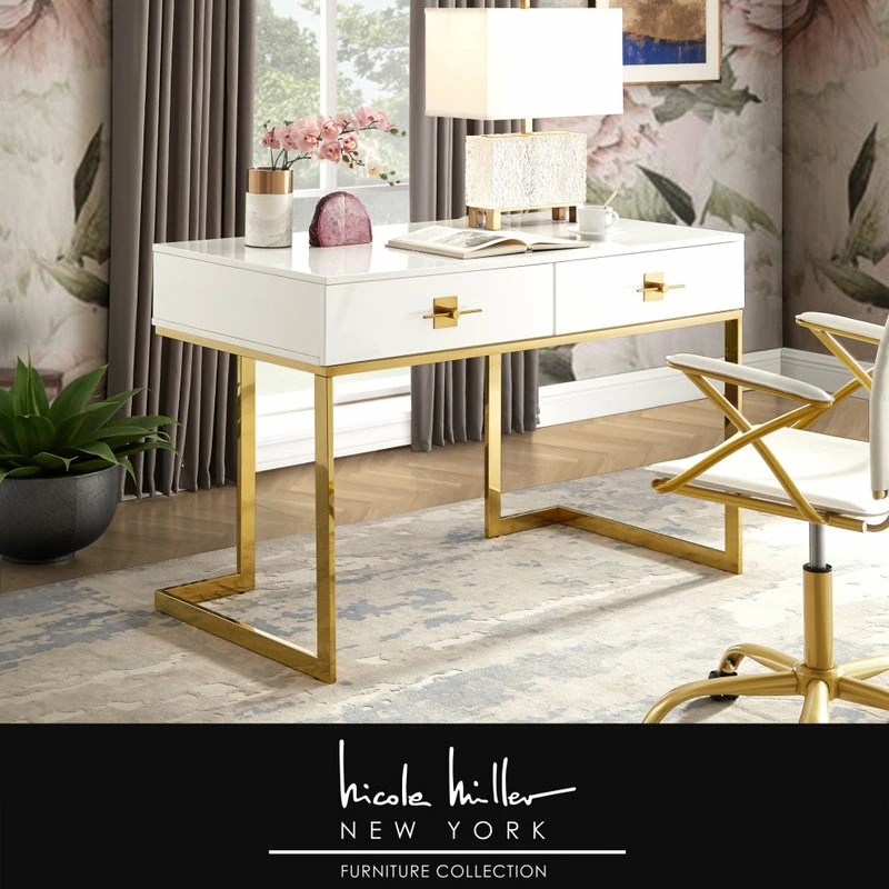 Discount ๐ Nicole Miller Moku Desk, 2 Drawers, White And Gold ๐คฉ 3 Discount ๐ Nicole Miller Moku Desk, 2 Drawers, White And Gold ๐คฉ - Image 3